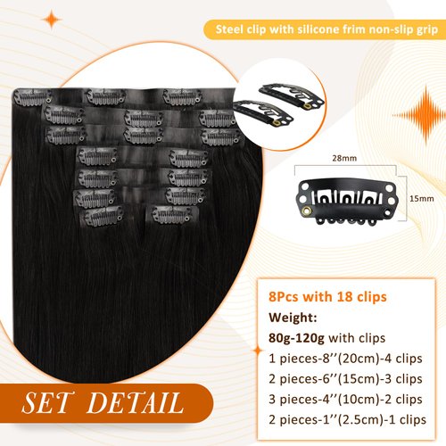 Full Shine Black Hair Extensions Clip in Human Hair 18 Inch Pu Weft Clip in Extensions Real Human Hair Double Weft Natural Black Straight Clip in Hair Extensions Invisible 8Pcs 120 Grams