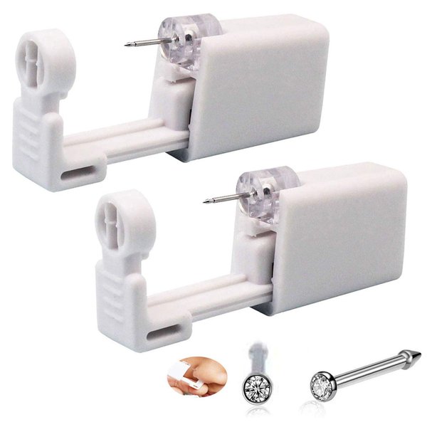 SLVIEKAE 2 Pack Nose Stud Piercing Kit Unit Safety Disposable Nose Piercing Gun with Nose Stud for Cartilage Helix Piercing Gun Piercing Jewelry (White)