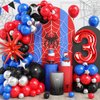 Spider 3rd Birthday Decorations for Boys, Royal Blue Black Red Silver Balloon Garland Arch Kit with 40 Inch Red Number 3 Balloon Tower, Spider 3rd Birthday Balloons for Kids Superhero Theme Party