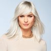 Creamily 14 Inch Short Platinum Blonde Wig for White Women Shoulder Length Straight Wigs with Bangs Dark Color Roots Hair Wigs Natural Looking Synthetic Wig Halloween Costumes Wigs for Women