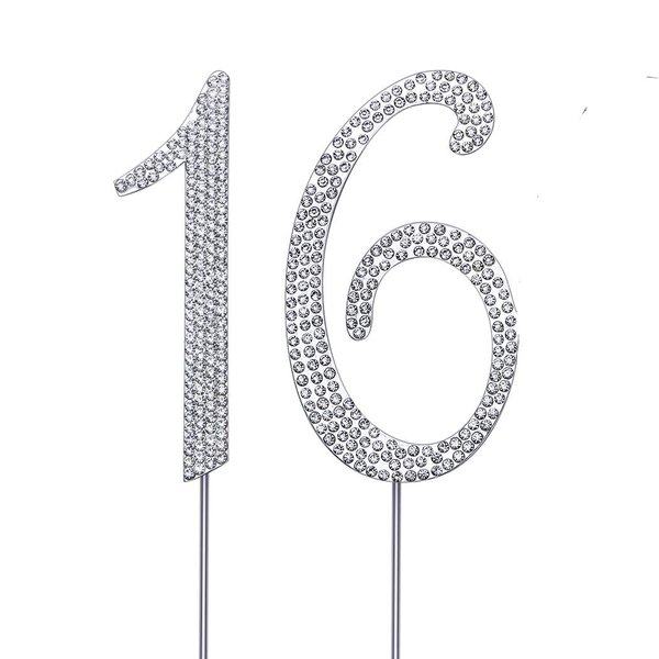 MAGJUCHE Silver 16" Crystal Cake Topper, Number 16 Rhinestones 16th Birthday Cake Topper, Boy or Girl Birthday or 16th Anniversary Party Decoration Supply
