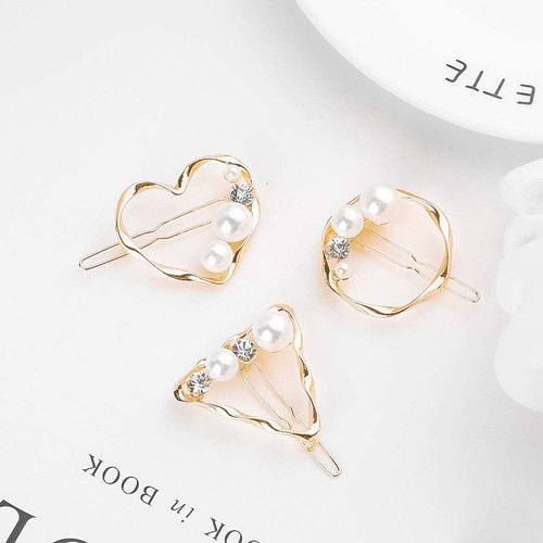 Numblartd Set of 3 Pcs Geometric Pearl Rhinestone Alloy Barrettes Bobby Pins - Fashion Round Triangle Heart-shaped Side Clamp Clip Hair Clip Hair Accessories for Women
