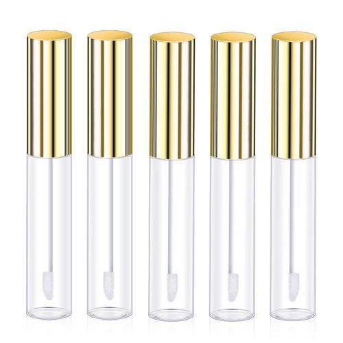 Molain 5PCS Empty Lip Gloss Tubes, 10ml Refillable Cosmetic Containers Bottles Lip Balm Bottles with Wand Concealer for Lipstick Samples, Lip Balms(Gold tube cap)