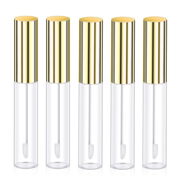 Molain 5PCS Empty Lip Gloss Tubes, 10ml Refillable Cosmetic Containers Bottles Lip Balm Bottles with Wand Concealer for Lipstick Samples, Lip Balms(Gold tube cap)