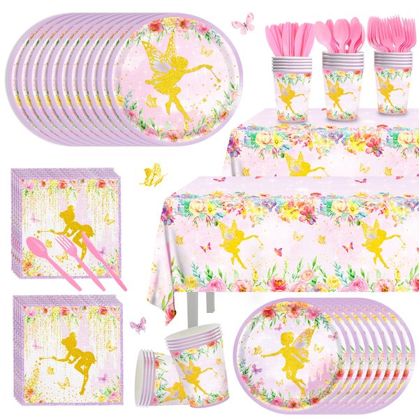 170Pcs Fairy Birthday Party Plates Napkins Party Supplies Paper Cups Tablecloths Knives Forks Spoons Disposable Tableware Set Serve 24 Guests