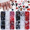 editTime Mixed Style Fashion 3D Nail Art Charms Kit Resin Camellia Rose Flower Butterfly Bow Moon Heart Bear Snake Hollow Pearl with Rhinestones and Soft Slice (Black White red)