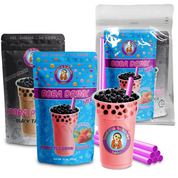 STRAWBERRY CREAM Boba Tea Kit Includes Tea Powder, Real Tapioca Pearls & Straws By Buddha Bubbles Boba