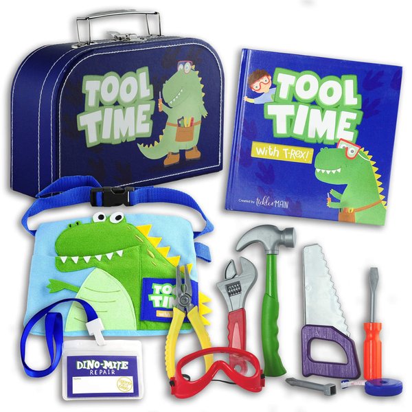 Tickle & Main Kids Tool Toys for Boys, 11 Pieces Construction Pretend Play for Toddlers, Story Book Gift Set with Tool Belt and Dino-Printed Bag, Perfect for Hands-On Learning and Skill-Building