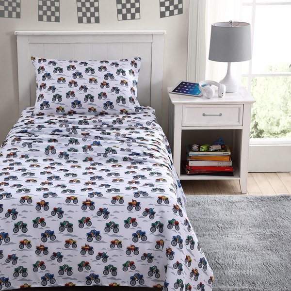 Poppy & Fritz Kids, Twin Sheet Set, Stain Resistant Kids Bedding, Soft & Cozy Toddler Bedding Set (Trucks Grey, Twin)