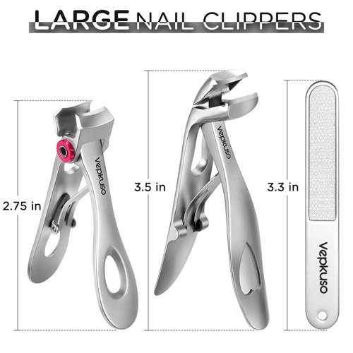 Vepkuso Nail Clippers for Seniors, Wide Jaw Fingernail Clippers and Angled Head Toenail Clippers for Thick Nail, Stainless Steel Professional Nail Cutter with File for Men, Women&Pregnant，Sliver