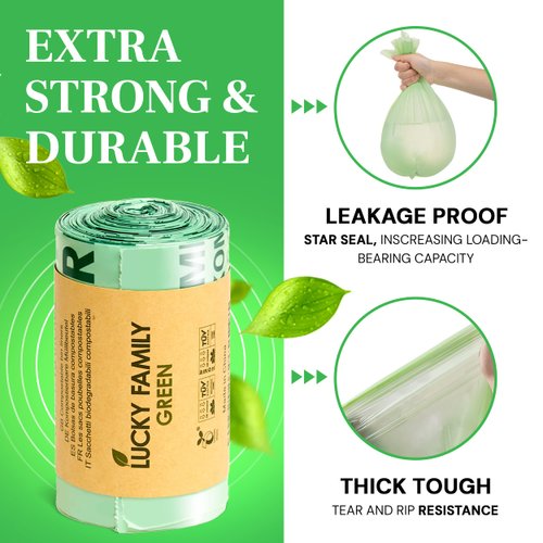 INNOTAK Lucky Family Green Compost Bags for Kitchen Countertop Bin 1.3 up to 1.6 Gallon - 100% Compostable Food Waste Trash Repurpose - Perfect Biodegradable Organic Eco Friendly - 50 Bags per Roll