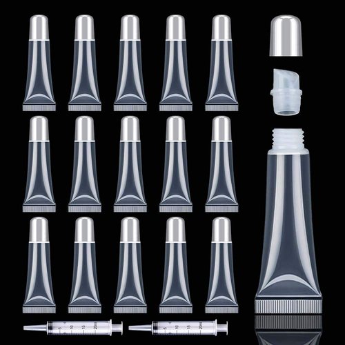 AMORIX 50PCS Matte Silver Lip Gloss Tubes 10ml Empty Lip Gloss Containers Lip Balm Tubes Refillable Cosmetic Squeeze Tubes for Lip Gloss Base Glitter with 2 x Syringes + 28pcs Tag Labels Stickers