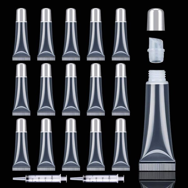 AMORIX 50PCS Matte Silver Lip Gloss Tubes 10ml Empty Lip Gloss Containers Lip Balm Tubes Refillable Cosmetic Squeeze Tubes for Lip Gloss Base Glitter with 2 x Syringes + 28pcs Tag Labels Stickers