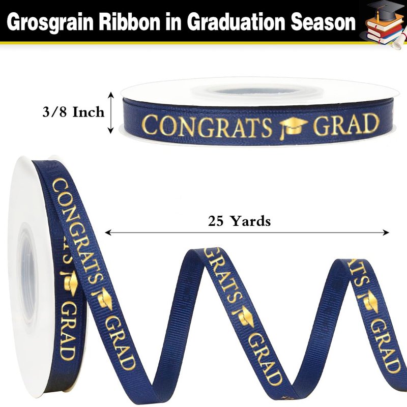Graduation Ribbon 3/8 Inch 25 Yards Congrats Grad Blue Ribbon Class of ...