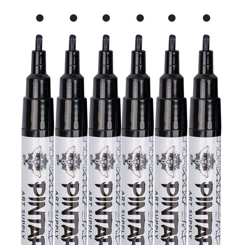 PINTAR | 6 PACK | Black Acrylic Paint Markers Fine Tip | Leather, Shoes, Rock Painting, Wood, Glass | Acyrlic Paint Pens | Pack of 6, 1mm