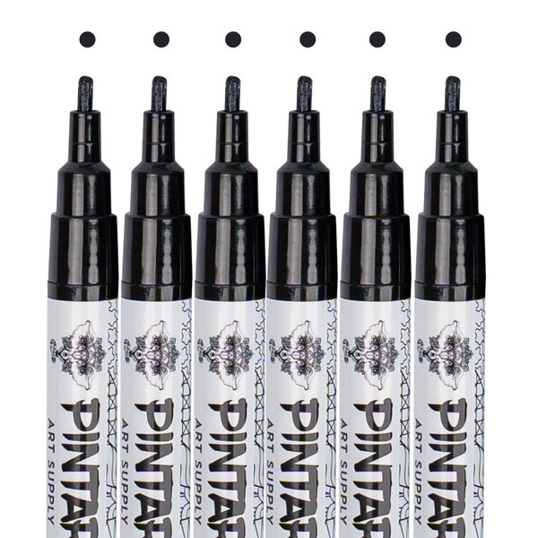 PINTAR | 6 PACK | Black Acrylic Paint Markers Fine Tip | Leather, Shoes, Rock Painting, Wood, Glass | Acyrlic Paint Pens | Pack of 6, 1mm