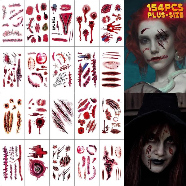154 PCS Halloween Scar Temporary Tattoos - Horror Zombie Makeup Realistic Fake Bloody Wound Stitch Vampire Bite Waterproof Tattoo Stickers for Women Men Adult Kid Cosplay Party Masquerade Prank Prop
