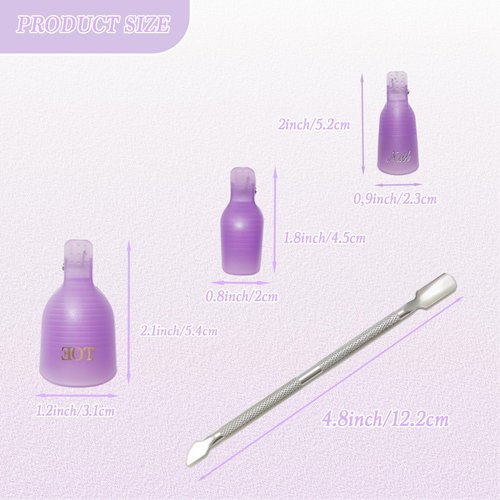 Gel Nail Polish Remover Clips, 20Pcs Nail Art Soak Off Cap Clips, Plastic Resuable Finger and Toe Nail Clips Set with Double Ended Metal Cuticle Pusher for Polish Remover, Purple