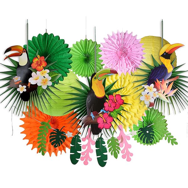 Tropical Bird Toucan Leaf Garland Party Kit for Summer Hawaiian Luau Tiki Tropical Jungle Themed Party Decorations Luau Party Supplies Decor with Paper Palm Leaves Paper Fan Paper Lanterns