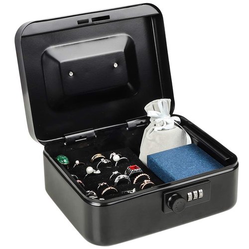 Cash Box with Money Tray, Parrency Medium Money Box with Combination Lock, 7 4/5" x 6 4/5" x 3 3/5", Black