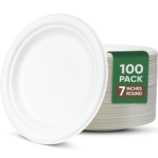 TaidMiao White Paper Plates, 7 Inch Paper Plates, 100 Pack Paper Plates Disposable Plates – 100% Compostable Plates, Water & Oil Proof Small Paper Plates, Microwavable Dessert Plates