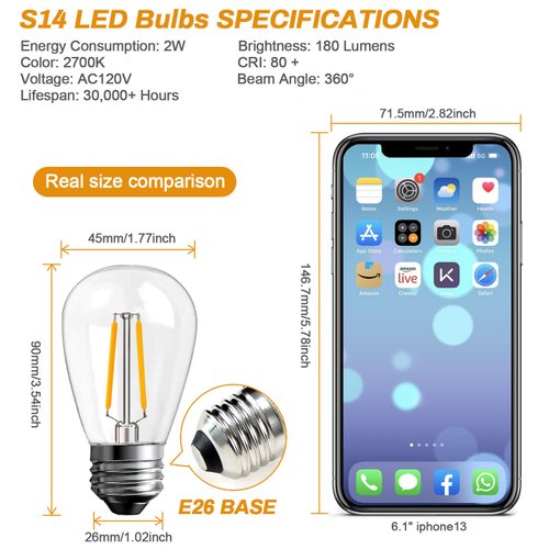 BRIMAX 6Pack 2w LED Light Bulbs, Plastic LED Filament Bulb, 2700K Warm White, Equivalent to 11w/20w/25w, E26 Medium Base, S14 Edison Light Bulbs for 6/12/18-light Sputnik Chandelier Bulbs