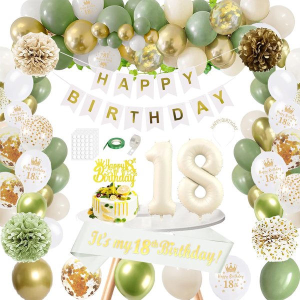 GYESXYW Sage Green 18th Birthday Decorations for Girls, Olive Green and Gold 18th Birthday Decorations Set, Happy Birthday Banner, Crown, Birthday Sash, Confetti Balloons for Girls Party Supplies