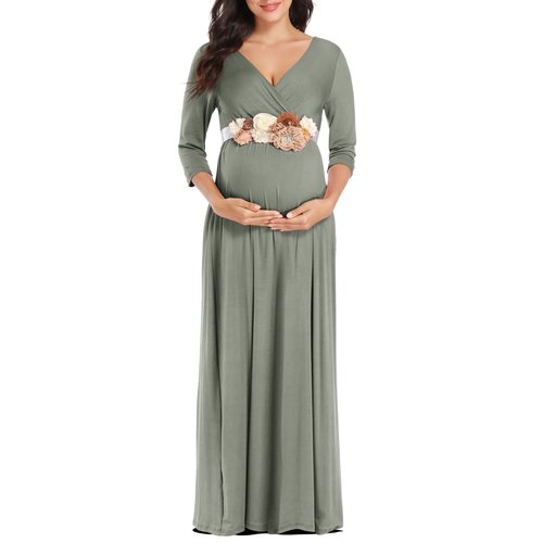 KIM S Maternity Dress Maternity Dress for Photoshoot Maternity Photoshoot Dress Baby Shower Dress Maternity Maxi Dress Boho Maternity Dress Fall Maternity Dress (Grey Green L)