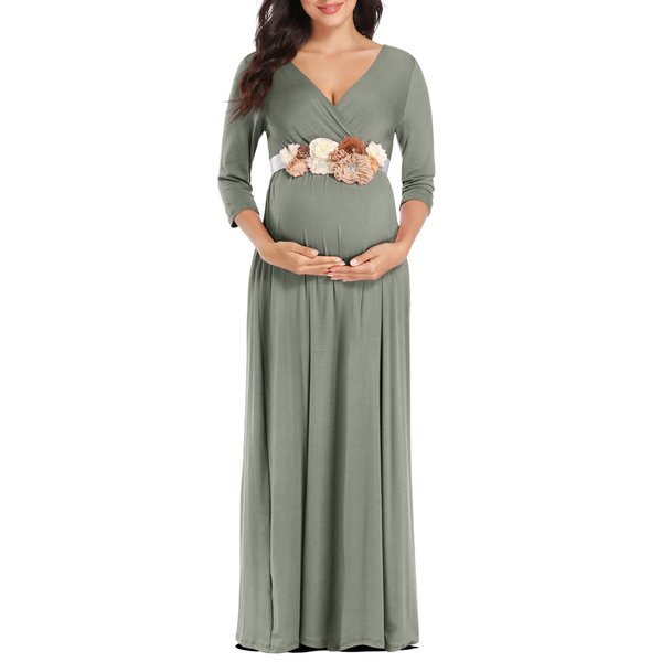 KIM S Maternity Dress Maternity Dress for Photoshoot Maternity Photoshoot Dress Baby Shower Dress Maternity Maxi Dress Boho Maternity Dress Fall Maternity Dress (Grey Green L)