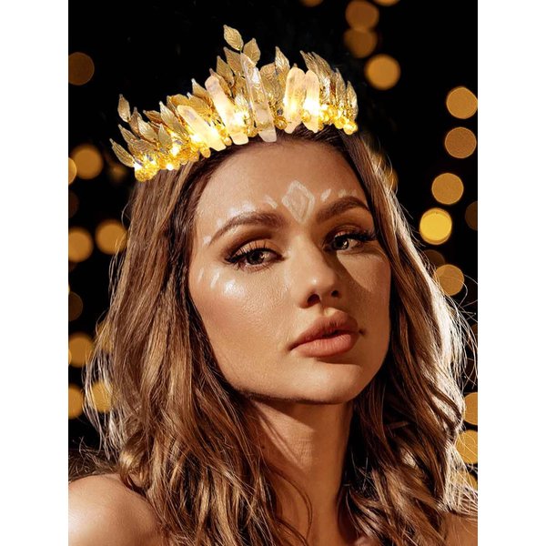 Catery Gold Leaf Headband Raw Crystal Quartz Headbands Light up Crown Headbands Gold Goddess Headpiece Bridal Headdress Festival Wedding Bride Hair Accessories for Women and Girls