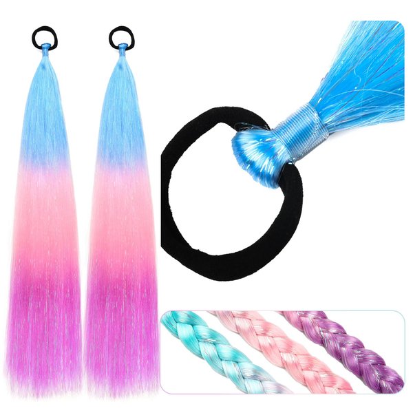 Kids Ponytail Extension With Hair Tie, Blue Pink Purple Ponytail Extension, Crazy Hair Day, Colored Hair Extensions for Kids, Festival Hair, Rave Hair, Ombre Ponytail 2 Packs 25 inch