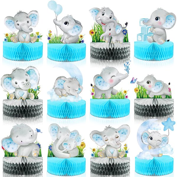 Geosar 12 Pcs Blue Elephant Honeycomb Centerpieces Floral Elephant Table Decorations Baby Shower Centerpieces Elephant Double Sided Baby Shower Decor Elephant Centerpiece for Baby Shower Party Supply