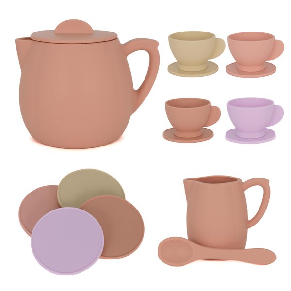 Babes Choice 12Pcs Silicone Tea Party Set for Little Girls - Pretend Play Eco-Friendly, BPA Free Kids Tea Set, Dishwasher Safe Tea Set for Toddlers - Durable Toys(Tan)