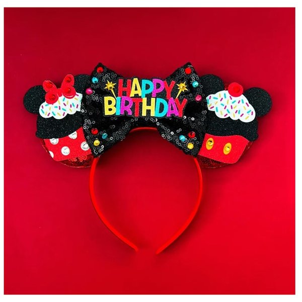 Atvscay Mouse Ears Headband Shiny Mouse Ears Sequin Bow HeadbandsTraditional classic polka dot travel headband For women Parties (Red birthday)