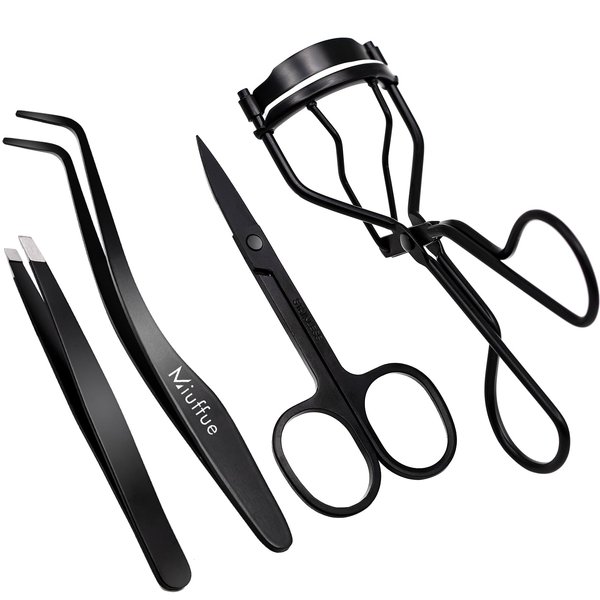 Miuffue Lash Applicator Tool DIY Eyelash Applicator Stainless Steel Curved Eyelash Tweezers for Cluster Lashes (Black(4pcs))