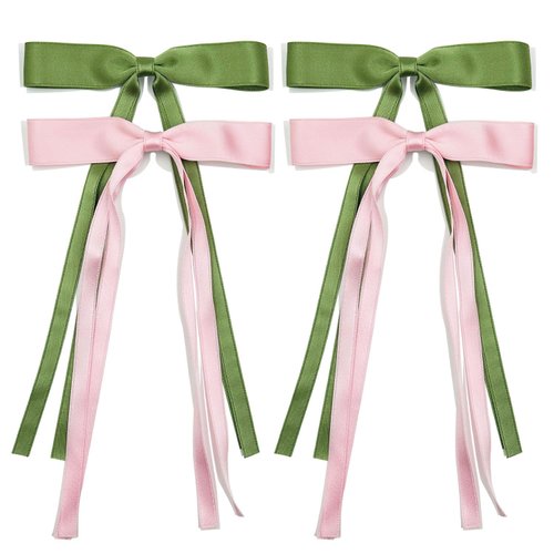 Hair Clips for Women Tassel Ribbon Bowknot With Long Tail, Clip Girl, Solid Accessories Barrettes Claw Bow (Pink,Green)