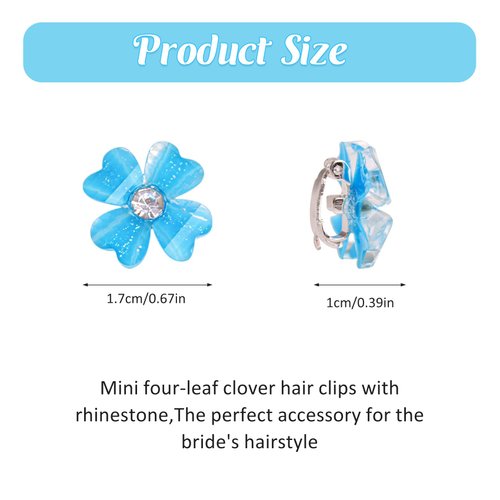 10 Pcs Small Flower Hair Clips with Rhinestone Mini Clover Cute Hair Pins Wedding Bridal Hair Accessories Decorative for Fine Hair Barrettes for Girls Women(Blue)