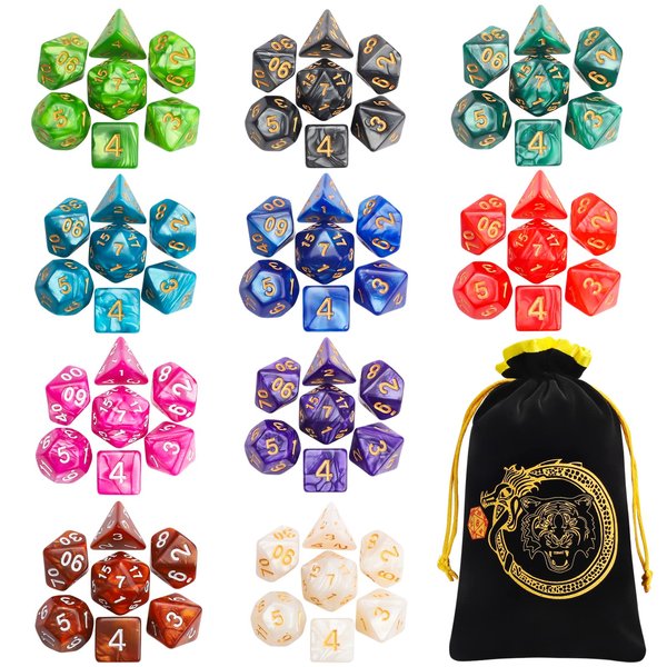 CiaraQ Polyhedral Dice Set with a Big Black Drawstring Pouch, 10 Complete Dice Sets（70 Pieces） of D4 D6 D8 D10 D% D12 D20 Compatible with Dungeons and Dragons DND RPG MTG Table Games