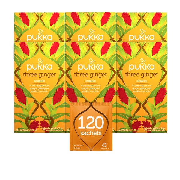 Pukka Organic Tea Bags, Three Ginger Herbal Tea with Turmeric & Galangal, Perfect for Soothing Warmth, 20 Count (Pack of 6) 120 Tea Bags