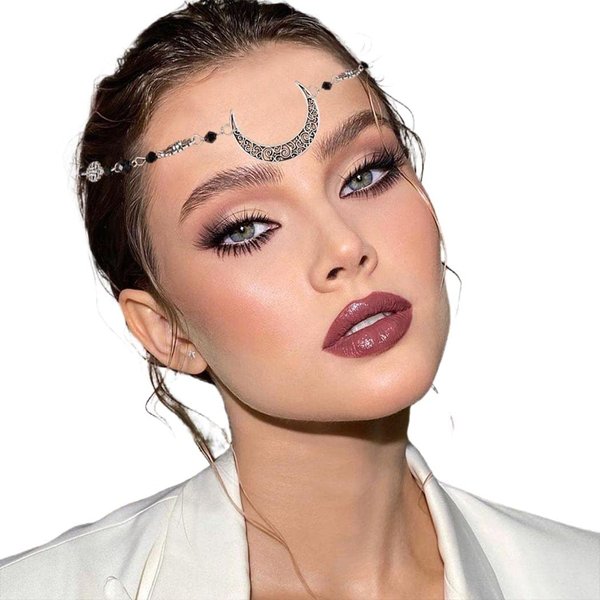 Tgirls Boho Crescent Moon Headbands Crystal Head Chain Vintage Hair Acessories for Women and Girls (Silver 1)