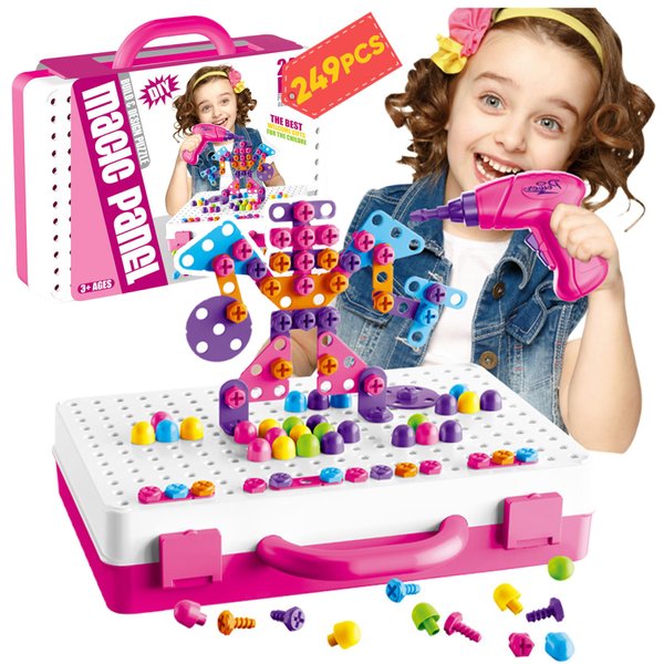 Flybean Magic Montessori Play Toolbox with Electric Drill, Creativity Tool Box with Drill for Kids 3+, Design and Drill Toy for Boys&Girls, Montessori Tool Set(249PCS Pink)