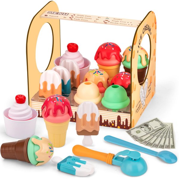 SPEEDYEAH Ice Cream Counter Playset for Kids, Pretend Play (52 pcs) Play Food and Accessories，Food Scoop and Serve，Toddler Toy Ages 3 4 5 6 Year Old Girl or Boy