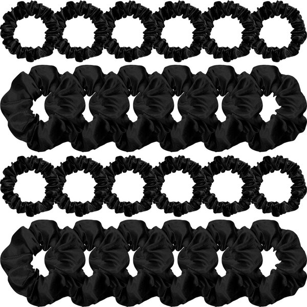 24 Pieces Satin Hair Scrunchies Silky Elastic Bands Skinny Solid Hair Ties Ropes Ponytail Holder for Women Girls Hair Accessories Decorations, 2 Sizes (Black)