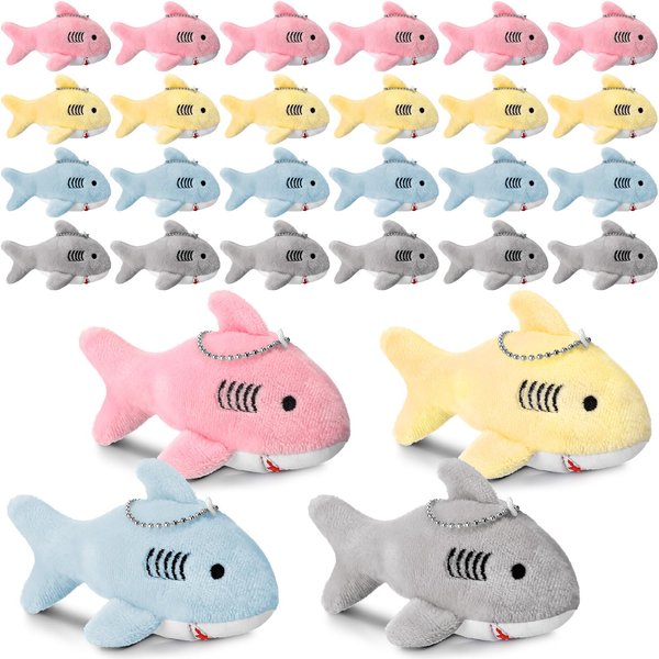 Leyndo 32 Pcs Shark Party Favors Shark Plush Keychain Small Shark Stuffed Toys 4.33 Inches Mini Soft Ocean Animal Toys Prizes for Boys Girls School Bags (Pink, Blue, Gray, Yellow)