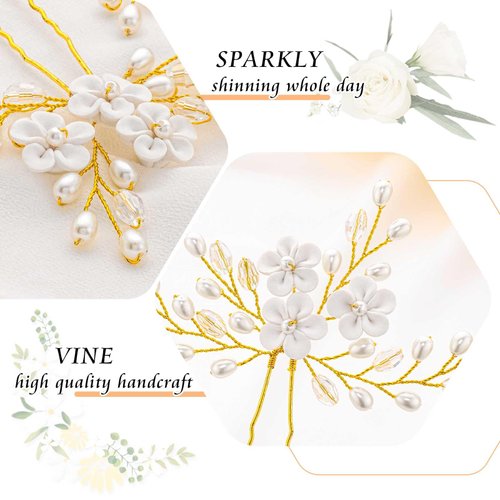 Foryysa Bridal Wedding Hair Pins for Women Gold Rhinestone Pearl Flower Headpiece Elegant Vine Leave Handmade Headwear Sparkly Design (2 pcs)