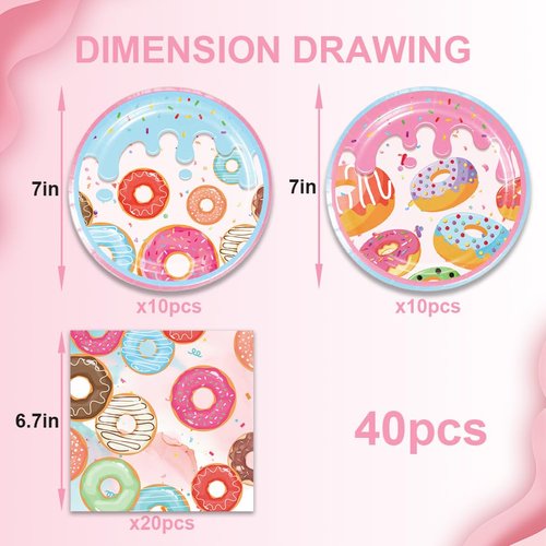40pcs Donut Party Supplies,include 20 dessert plate, 20 Napkin,Used for Candyland Birthday Party Decoration