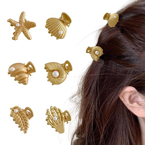 FRDTLUTHW 6PCS Mini Metal Hair Claw Clips for Thin Hair,Gold Hair Jaw Clamps,Beach Essentials,Strong Hold Non-slip Sea Shell and Halloween Small Hair Barrettes,Cute Hair Accessories for Women(Gold)