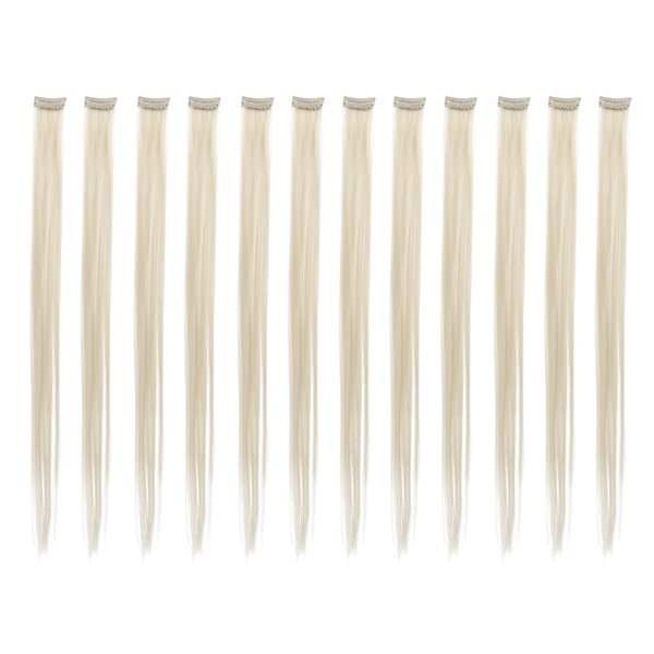SWACC 12 Pcs Straight One Color Party Highlights Clip on in Hair Extensions Colored Hair Streak Synthetic Hairpieces (Platinum Blonde)