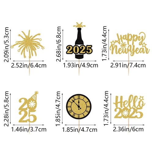 24Pcs Happy New Year Cupcake Topper Glitter Hello 2025 Cake Pick Black Gold Cake Decorations for Welcome 2025 Happy New Year Theme Party Supplies