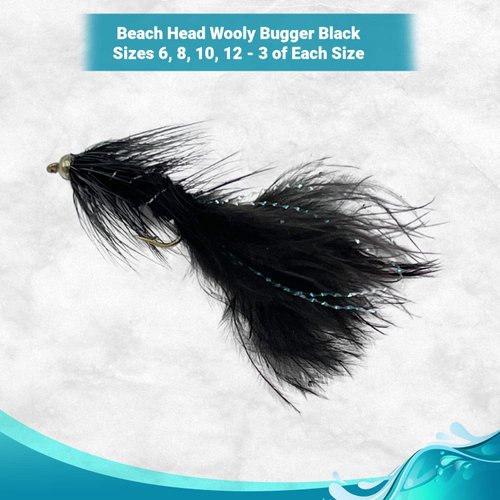 Feeder Creek Bead Head Woolly Bugger Fly Fishing Flies | 12pc Flies for Fly Fishing | 4 Size Assortment Trout Flies 6, 8, 10, 12 (3 of Each Size) Fly Fishing Gear (Black)